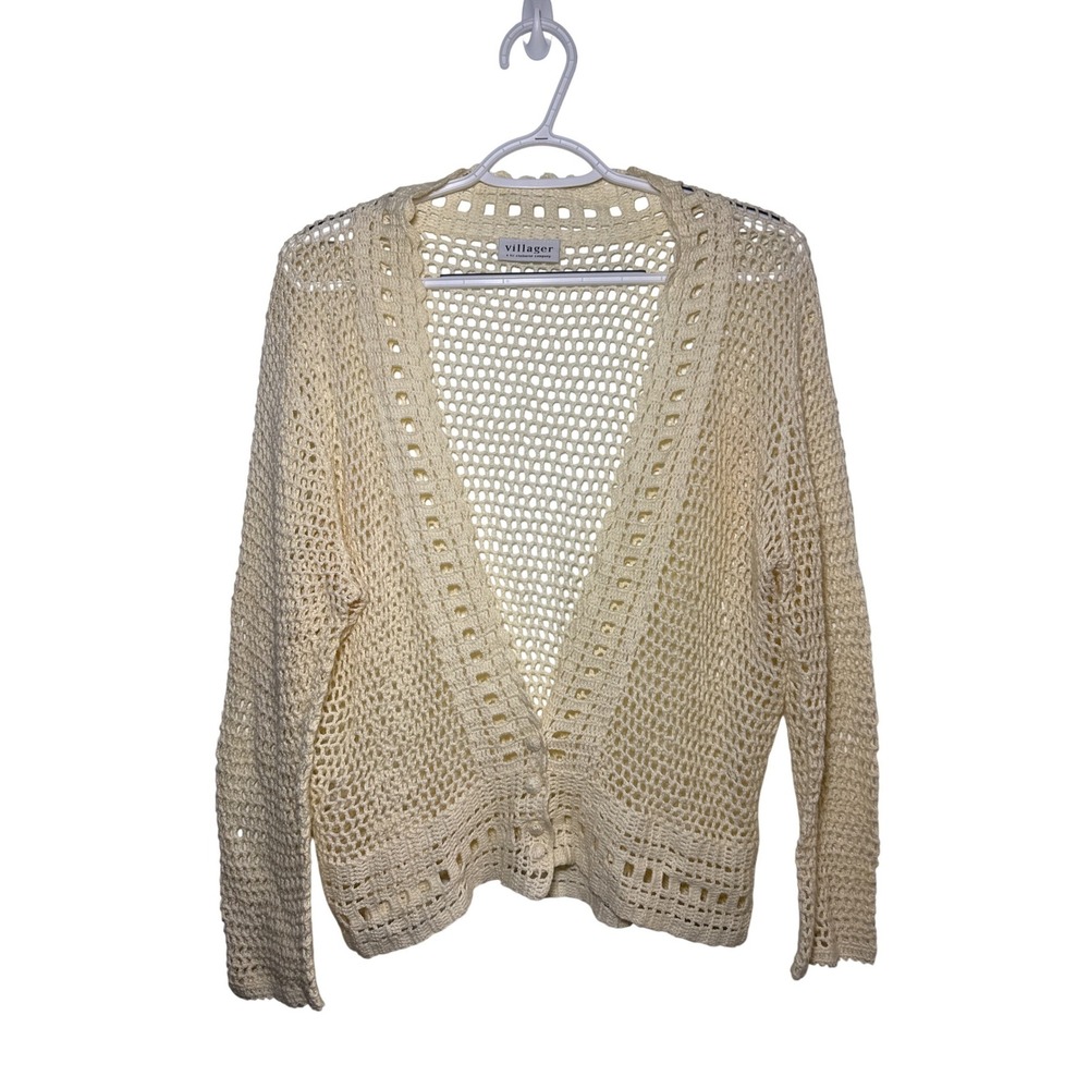 Villager Liz Claiborne Cream Crochet Knit Cardigan Sweater Large Grandma Cottage